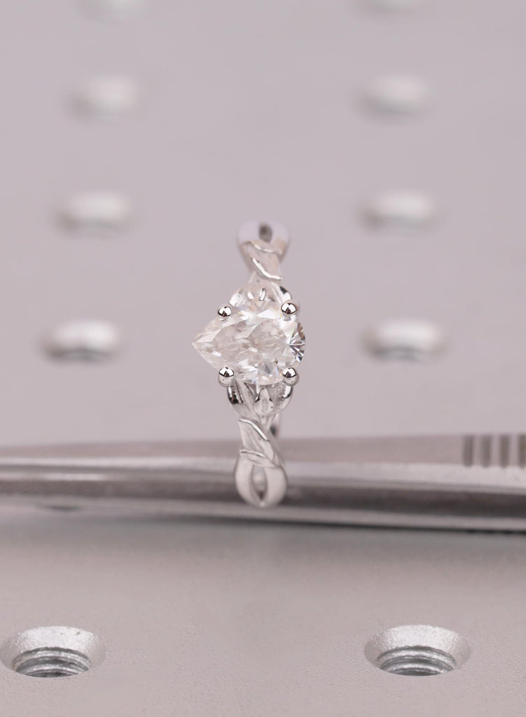 Pear Moissanite Engagement Ring, Vintage Style Nature Inspired Twig Ring For Women, Art Deco Solitaire Ring, Antique Engraved Leaf Branch image #9