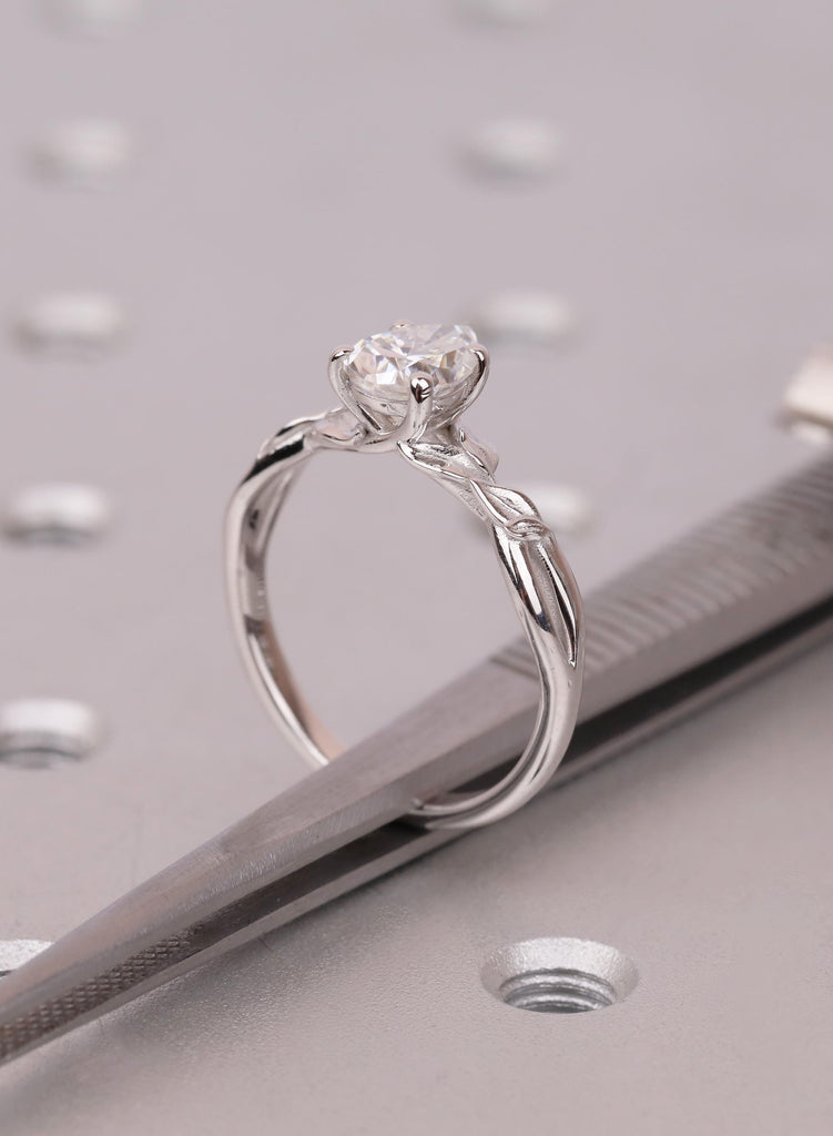 Pear Lab Grown Diamond Antique Style Ring, 14k Solid Gold Solitaire Ring, Hand Engraved Nature Inspired Twig Ring, Art Deco Engagement Ring image #10