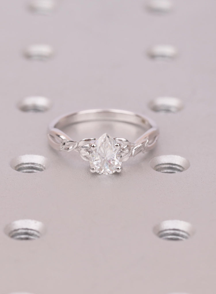 Pear Lab Grown Diamond Antique Style Ring, 14k Solid Gold Solitaire Ring, Hand Engraved Nature Inspired Twig Ring, Art Deco Engagement Ring image #12