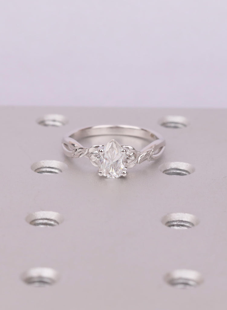 14k White Gold Pear Lab Grown Diamond Twig Ring, Art Deco Engagement Ring image #2