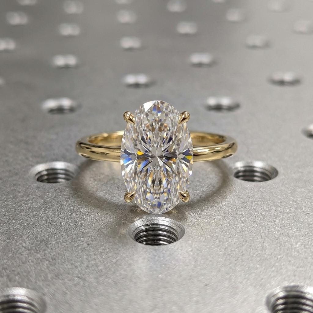 Moval Moissanite Ring | Elongated Oval Cut Moissanite | Hidden Halo Diamond | 14k 18k Gold Engagement Wedding Ring image #2