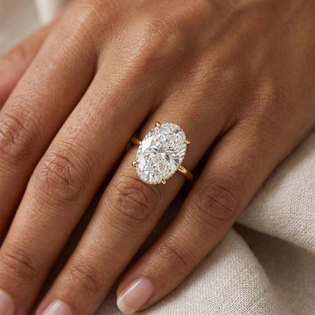 Lab Grown Moval Diamond Hidden Halo Solitaire Style Engagement Ring in 14K Yellow Gold, 3 Carat image #5
