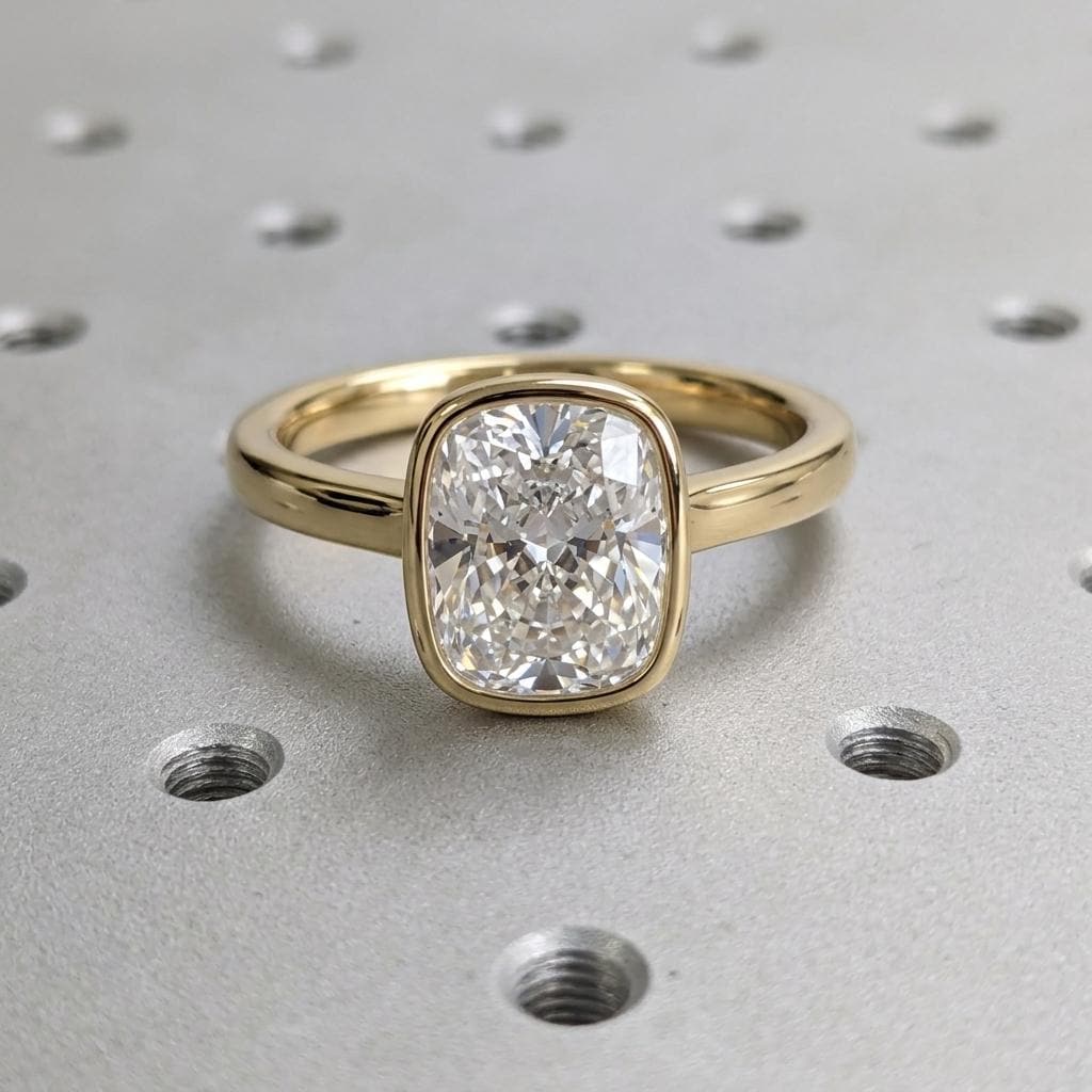 Unique Cathedral setting Moissanite Solitaire Promise Ring | Long Cushion cut Solid Gold or Platinum Bezel Rings for Women image #5