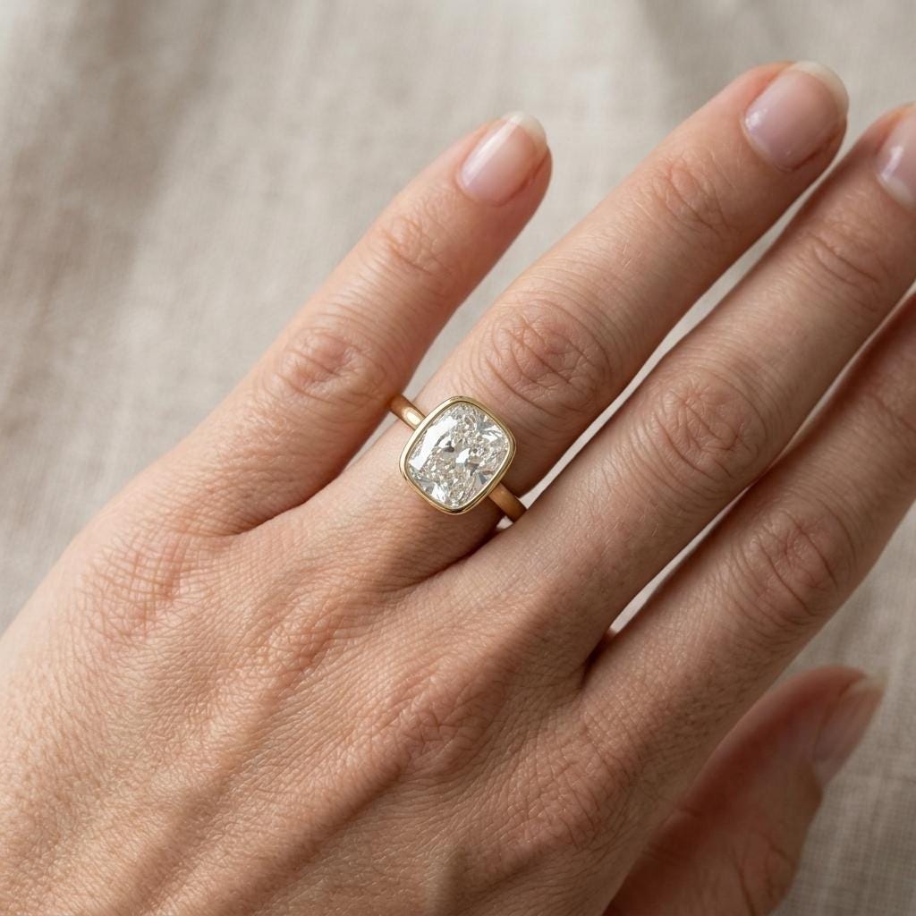 Unique Cathedral setting Moissanite Solitaire Promise Ring | Long Cushion cut Solid Gold or Platinum Bezel Rings for Women image #2