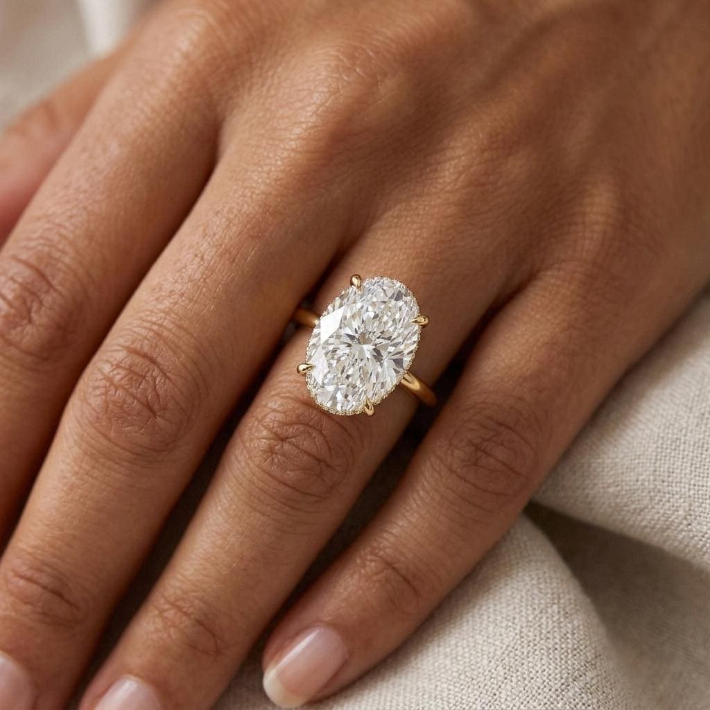 Moval Moissanite Ring | Elongated Oval Cut Moissanite | Hidden Halo Diamond | 14k 18k Gold Engagement Wedding Ring image #1