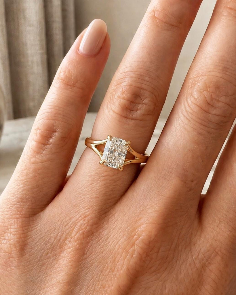 Split Shank Solitaire Engagement Ring, Elongated Cushion Cut Moissanite 14K Yellow Gold Vintage Wedding Ring, Promise Ring for Her image #1