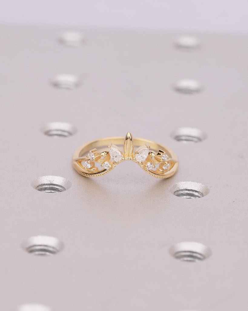 18k Yellow Gold Curved Wedding Band, Art Deco Pear, Round Moissanite Matching Rings image #10