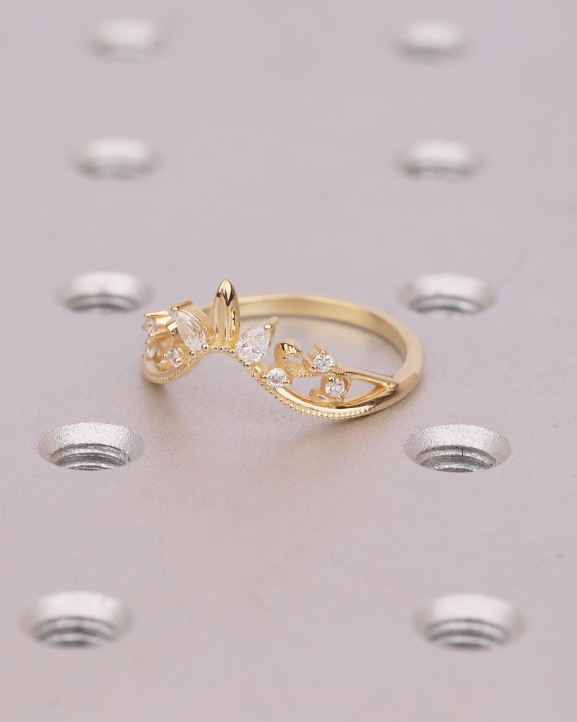 18k Yellow Gold Curved Wedding Band, Art Deco Pear, Round Moissanite Matching Rings image #3