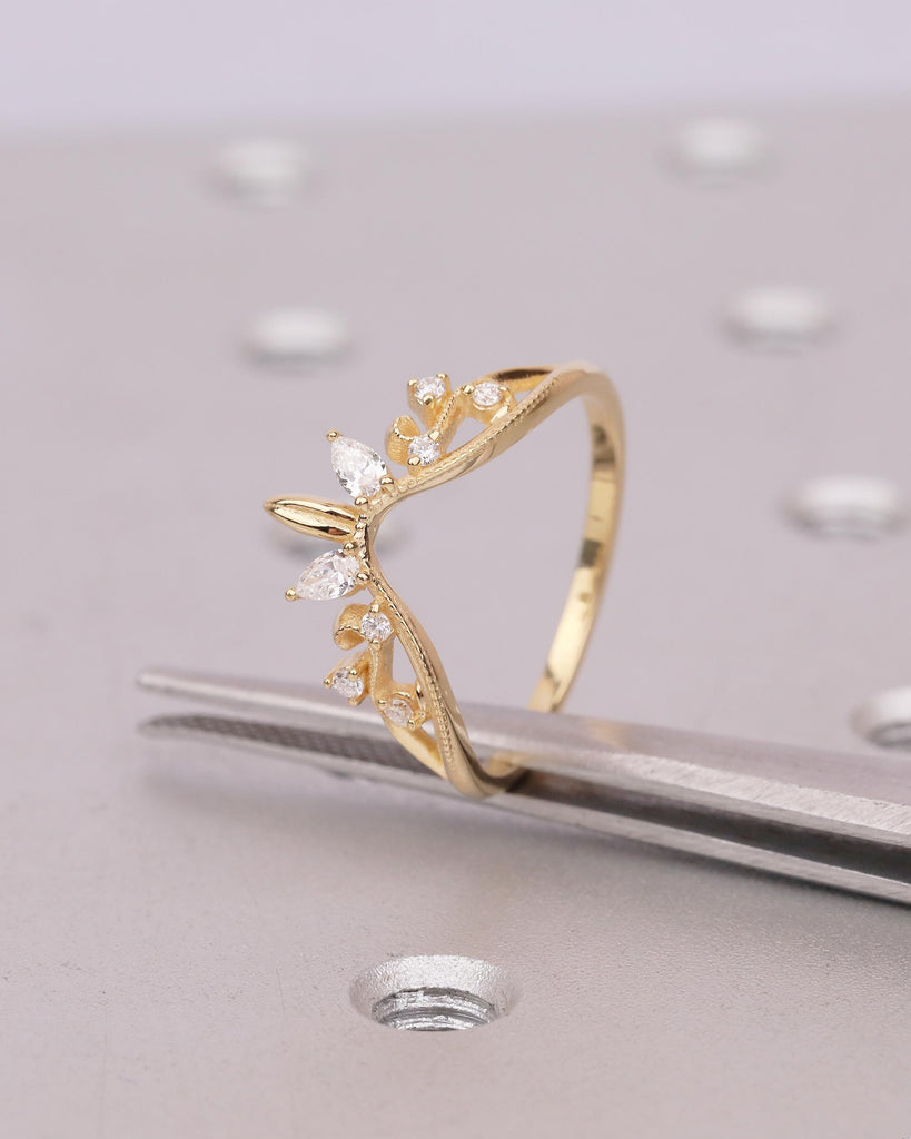 18k Yellow Gold Curved Wedding Band, Art Deco Pear, Round Moissanite Matching Rings image #11