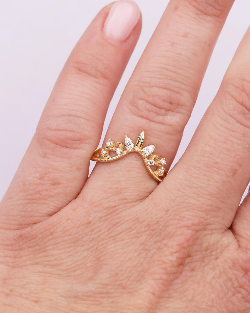 Diamond Wedding Band Women, Vintage 18k Solid Gold Promise Ring for Her, Milgrain Floral Crown Ring, Nature Stackable Rings, Birthday Gift image #14