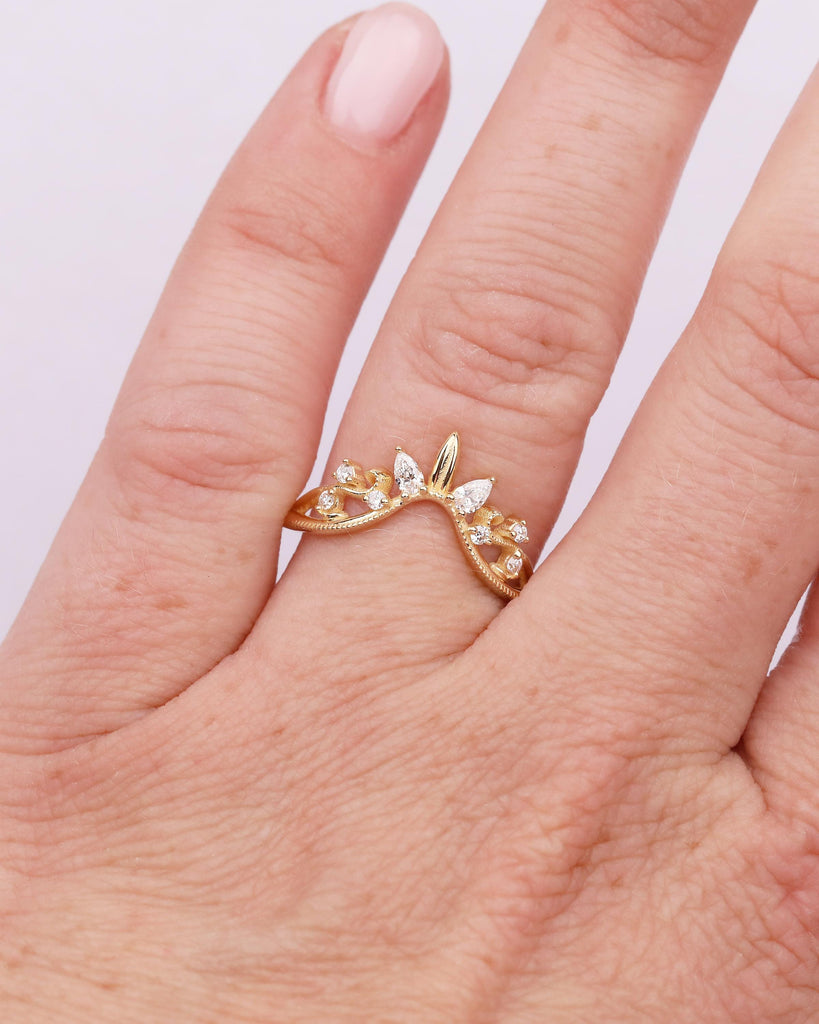 Diamond Wedding Band Women, Vintage 18k Solid Gold Promise Ring for Her, Milgrain Floral Crown Ring, Nature Stackable Rings, Birthday Gift image #10