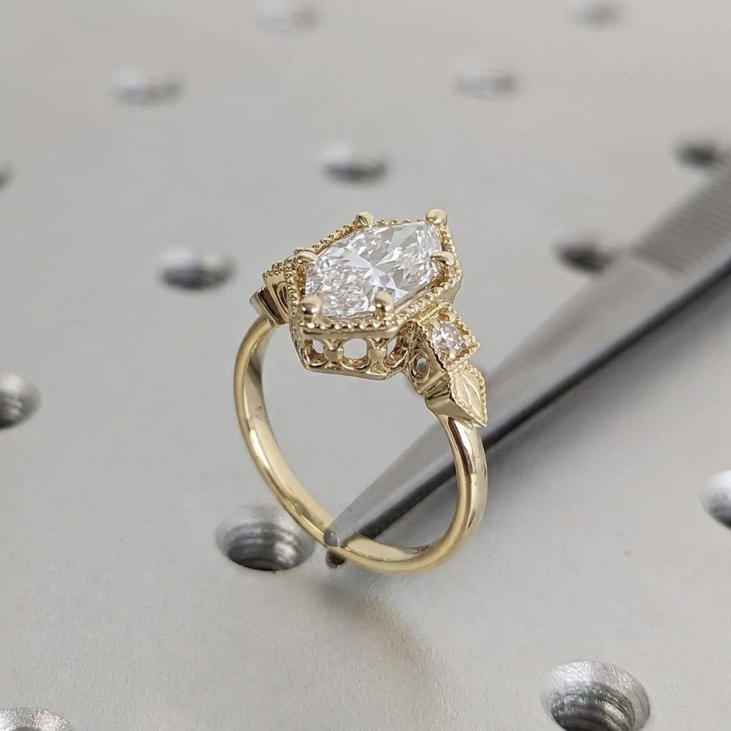 Three Stone Moissanite Antique Proposal Ring for Her | Dutch Marquise cut Ring | Victorian Inspired Gold Jewelry image #4
