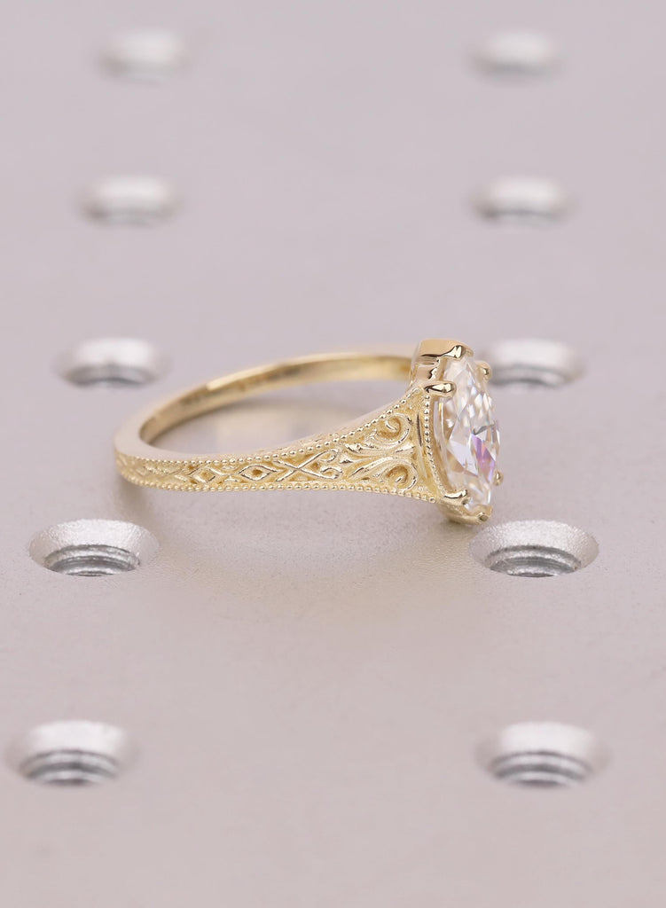 1ct Marquise Lab Diamond Engagement Ring, 14K Gold Filigree Milgrain Art Deco Style Vintage Ring image #4