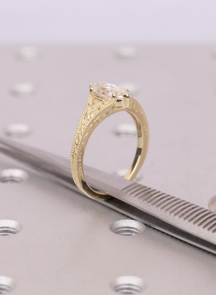 1ct Marquise Lab Diamond Engagement Ring, 14K Gold Filigree Milgrain Art Deco Style Vintage Ring image #10