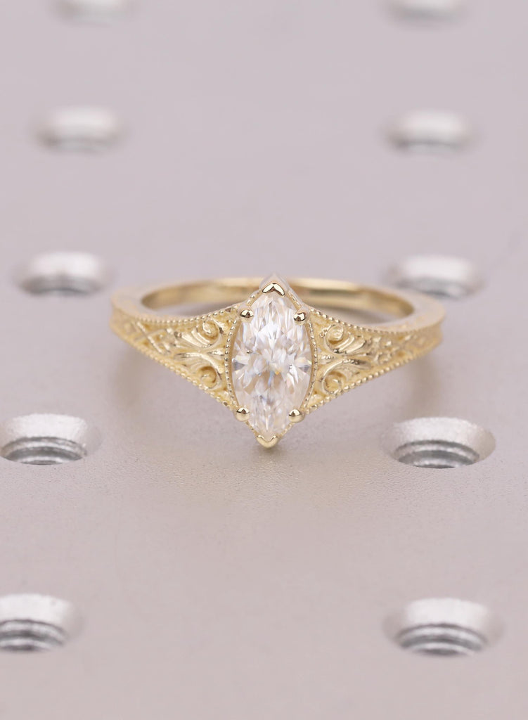 Filigree 14k Gold Solitaire Rings, Marquise Moissanite Ring, Vintage Gold Engagement Ring, Solid Gold Handmade Jewelry, Moissanite Jewelry image #13