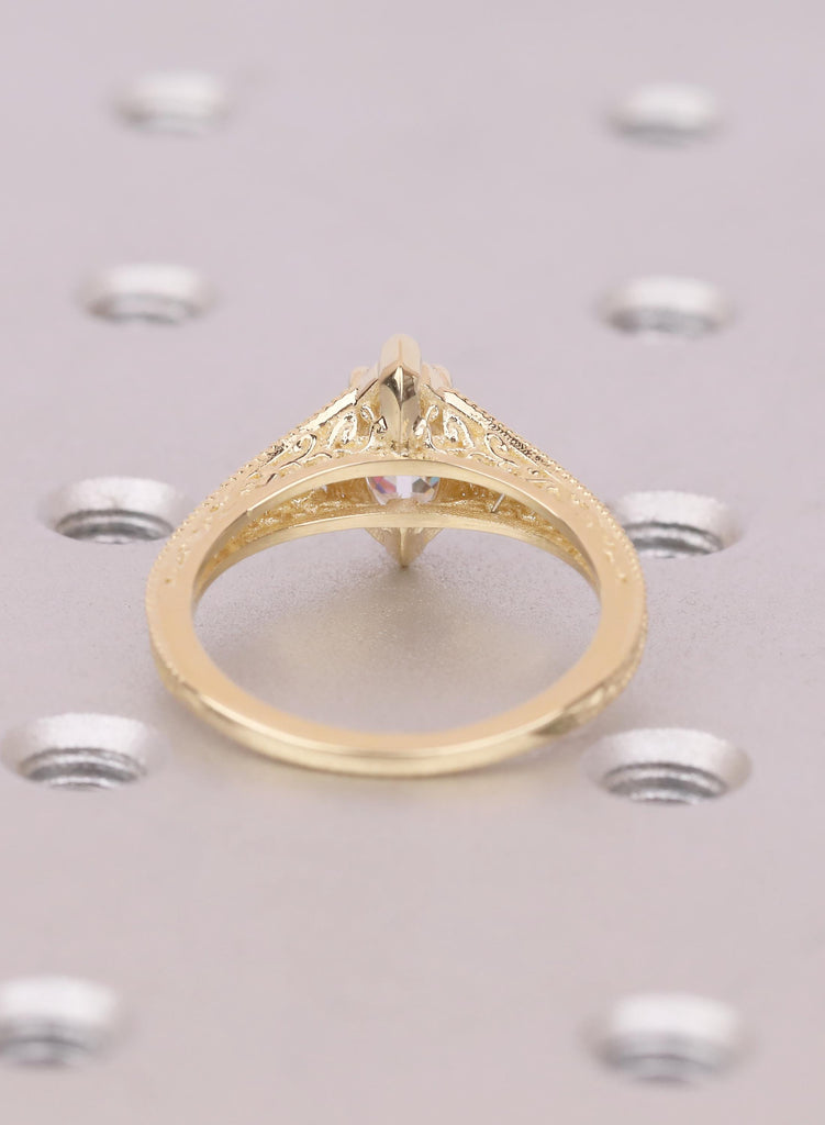 Filigree 14k Gold Solitaire Rings, Marquise Moissanite Ring, Vintage Gold Engagement Ring, Solid Gold Handmade Jewelry, Moissanite Jewelry image #4