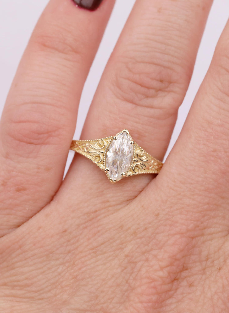 Filigree 14k Gold Solitaire Rings, Marquise Moissanite Ring, Vintage Gold Engagement Ring, Solid Gold Handmade Jewelry, Moissanite Jewelry image #12