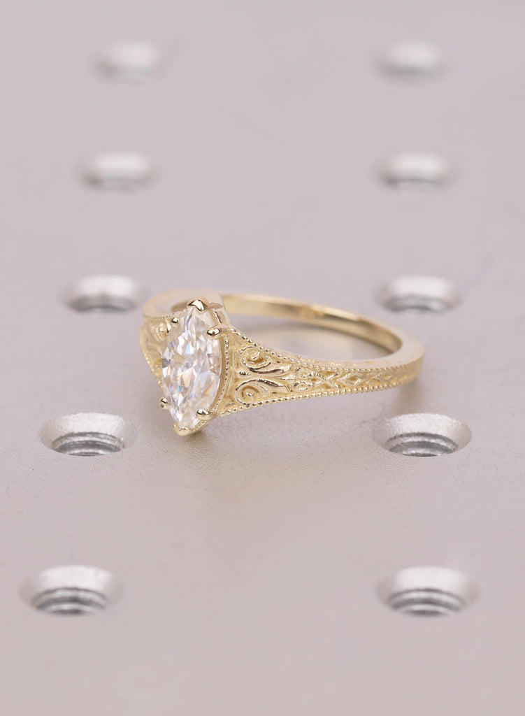 Filigree 14k Gold Solitaire Rings, Marquise Moissanite Ring, Vintage Gold Engagement Ring, Solid Gold Handmade Jewelry, Moissanite Jewelry image #6