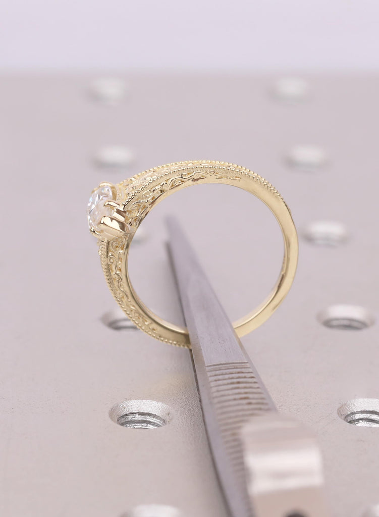 Filigree 14k Gold Solitaire Rings, Marquise Moissanite Ring, Vintage Gold Engagement Ring, Solid Gold Handmade Jewelry, Moissanite Jewelry image #9