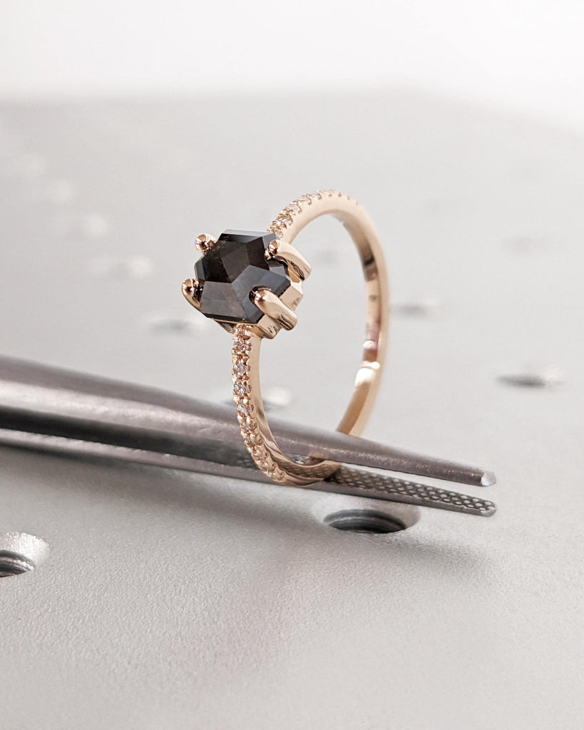 Hexagon Cut Salt and Pepper Diamond Ring, Dainty 14k Rose Gold Vintage Bridal Ring, Micropave Band image #7