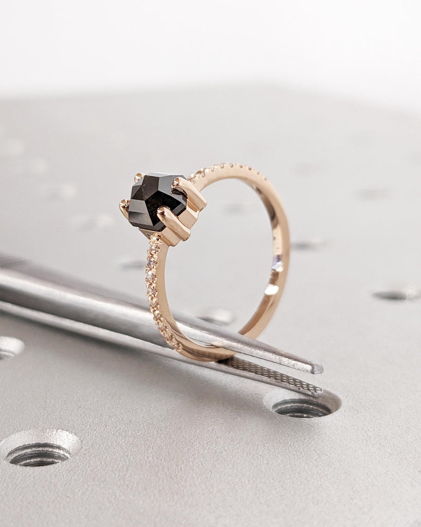 Vintage 1920's Salt and Pepper Diamond Hexagon Engagement Ring | 14k Yellow, Rose or White Gold | Dainty Pave Ring | Art Deco Promise Ring image #8