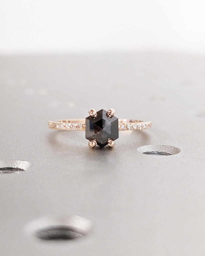 Vintage 1920's Salt and Pepper Diamond Hexagon Engagement Ring | 14k Yellow, Rose or White Gold | Dainty Pave Ring | Art Deco Promise Ring image #1