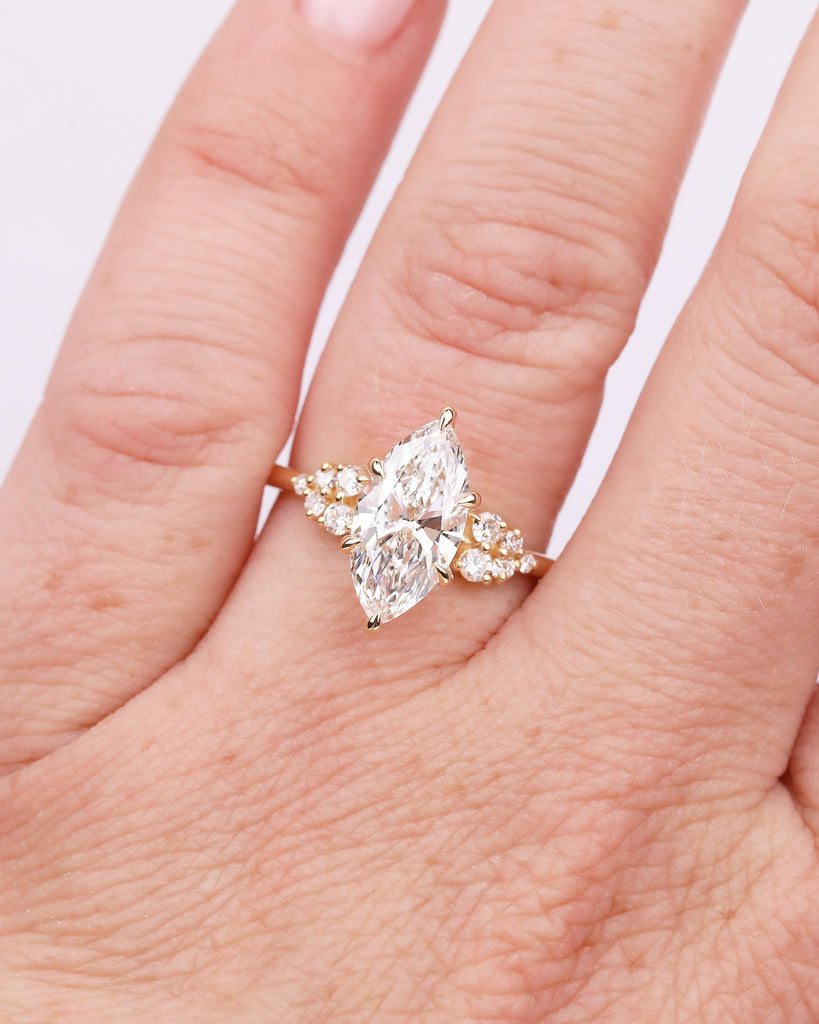 18k Yellow Gold Marquise Cut Ring, Moissanite Cluster Engagement Ring, Custom Jewelry image #17