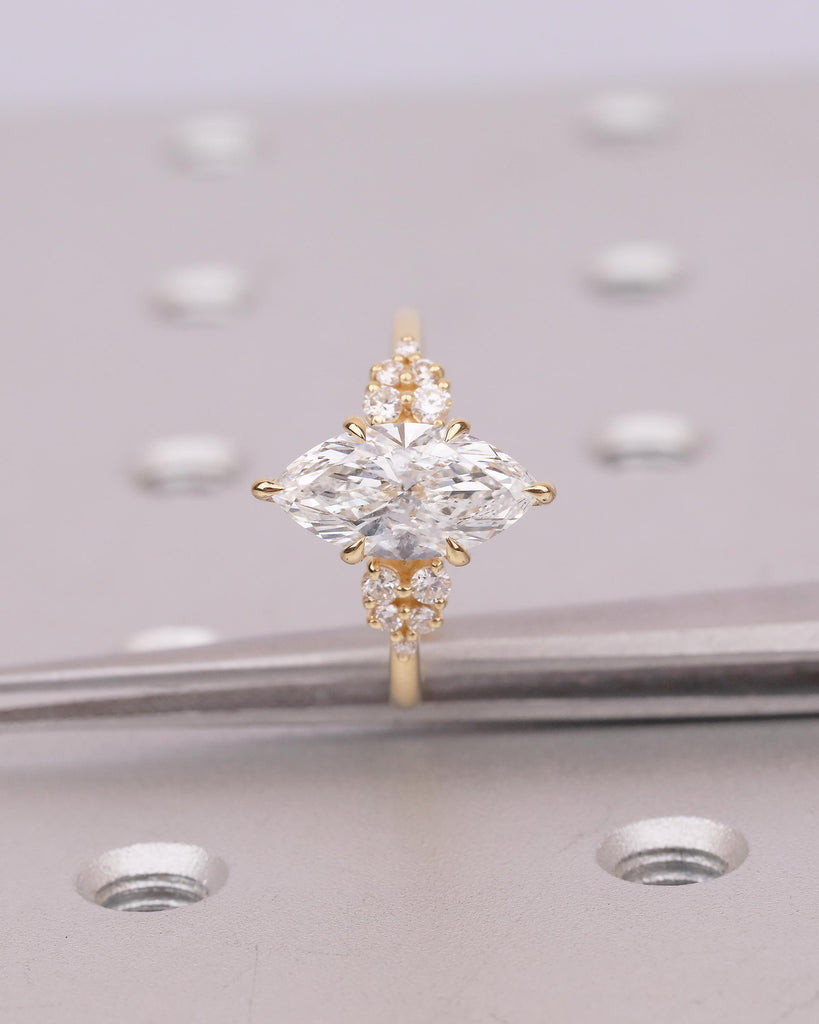 Marquise Diamond Cluster Ring, Art Deco 18k Yellow Gold Promise Ring for Her, Vintage Engagement Rings, Unique Wedding Anniversary Jewelry image #16