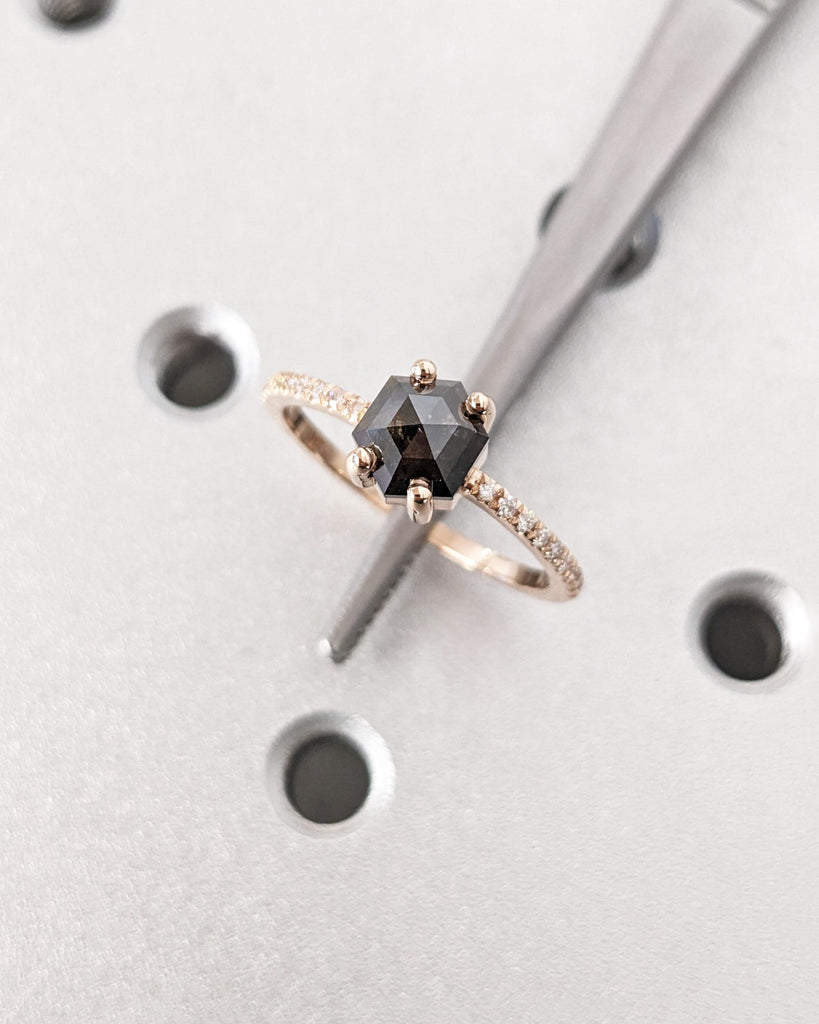 Hexagon Cut Salt and Pepper Diamond Ring, Dainty 14k Rose Gold Vintage Bridal Ring, Micropave Band image #1