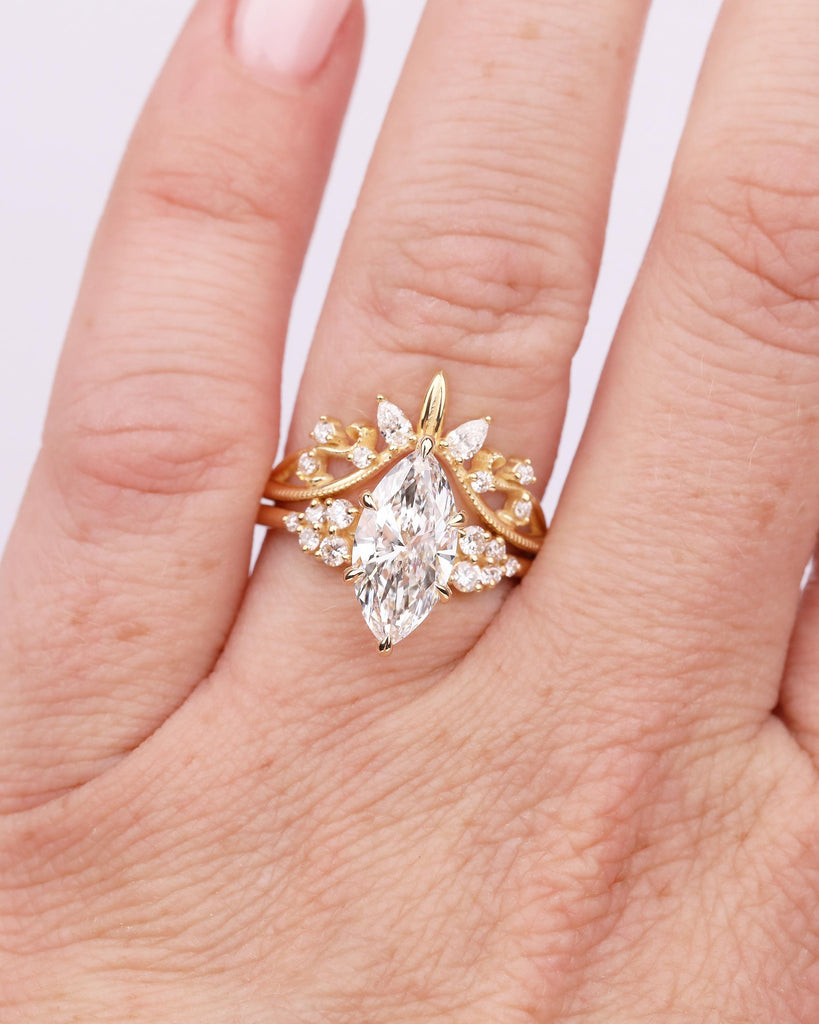 Marquise Moissanite Engagement Ring Set, 18k Gold Stackable Rings for Women, Nature Jewelry image #9