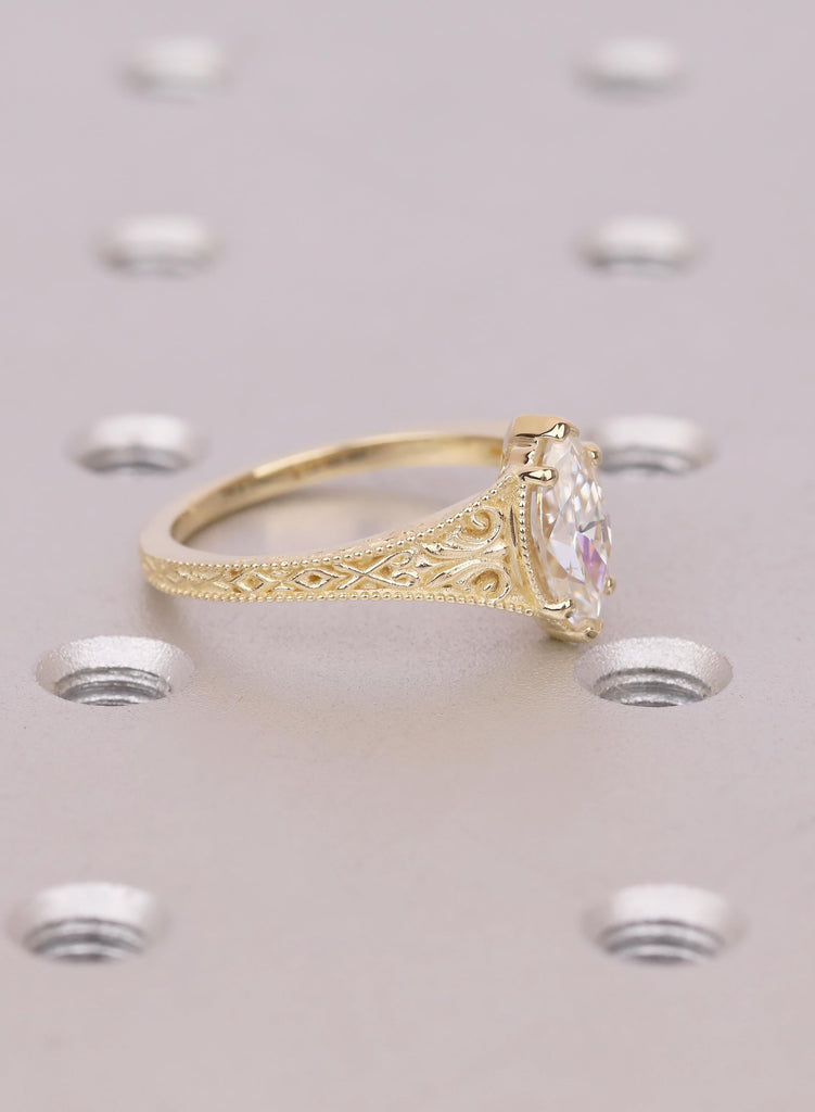 Vintage Art Deco Marquise Lab Diamond Engagement Ring, 14k Yellow Gold Filigree Ring, Milgrain Lab Grown Diamond Solitaire, Handmade Jewelry image #4