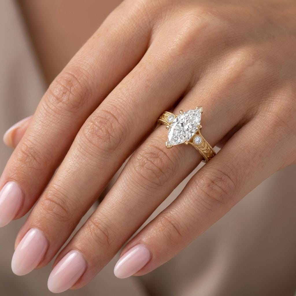Dutch Marquise Diamond Vintage Engagement Ring | 14k/18k Gold Three Stone Wedding Ring | Anniversary Gift for Her image #1