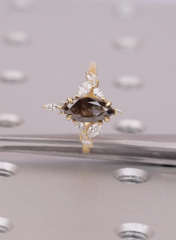Natural Salt and Pepper Diamond Ring | Marquise Cut 18K Yellow Gold Diamond Cluster Ring | Vintage Jewelry Wedding Gift image #9