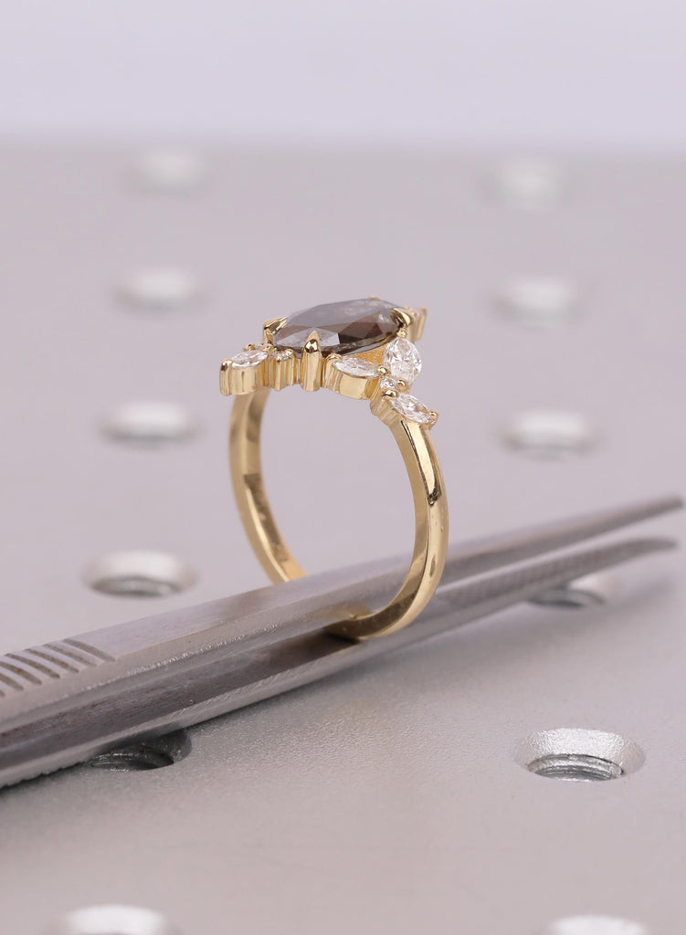 Natural Salt and Pepper Diamond Ring | Marquise Cut 18K Yellow Gold Diamond Cluster Ring | Vintage Jewelry Wedding Gift image #13