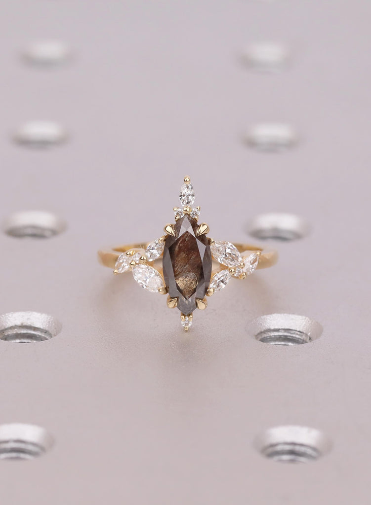 Marquise Salt and Pepper Diamond Ring, 18K Gold Cluster Engagement Ring, Natural Black Diamond Wedding Ring,  Marquise Anniversary Ring Gift image #1