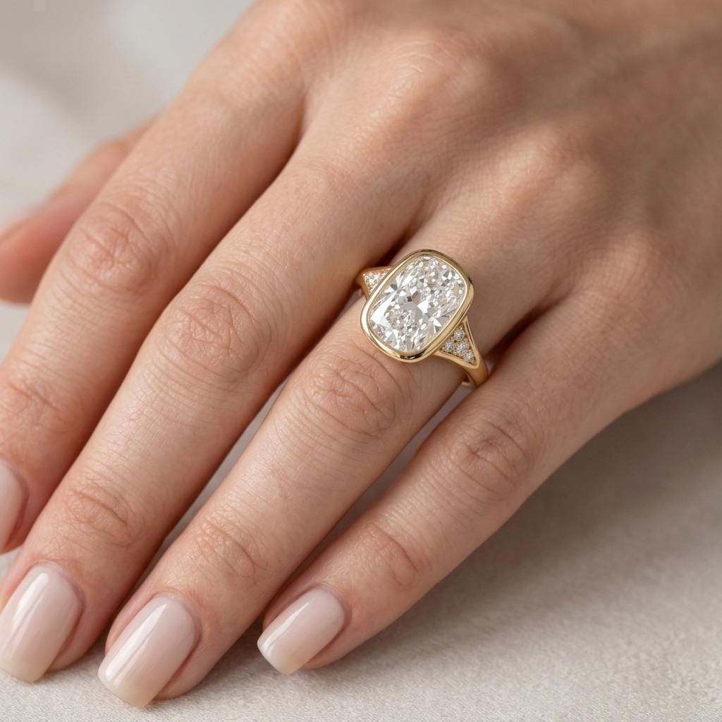 Cushion Cut Lab Grown Diamond Bezel Engagement Ring | 14K Yellow Gold Elongated Cushion Cut Rings | Promise Ring | Anniversary Gift for Her image #4