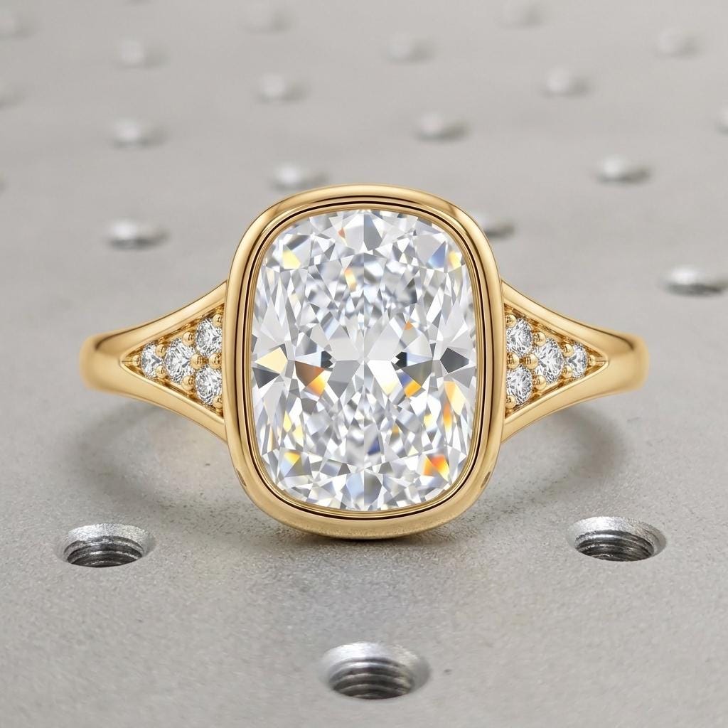 Elongated Moissanite Cushion cut Rings, Moissanite Bezel Vintage Cushion Ring, Gemstone Ring For Women Solid Gold Wedding Jewelry image #4