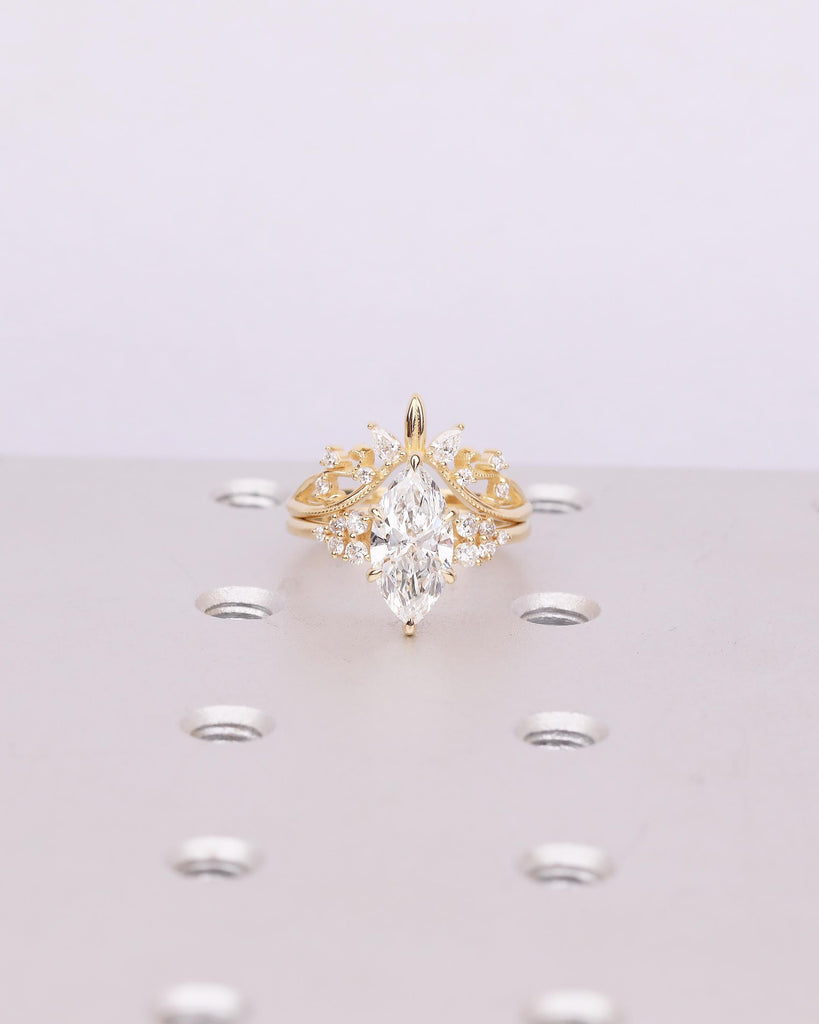 18k Yellow Gold Engagement Ring Set, Marquise Cut Moissanite Cluster Ring, Anniversary Jewelry image #15