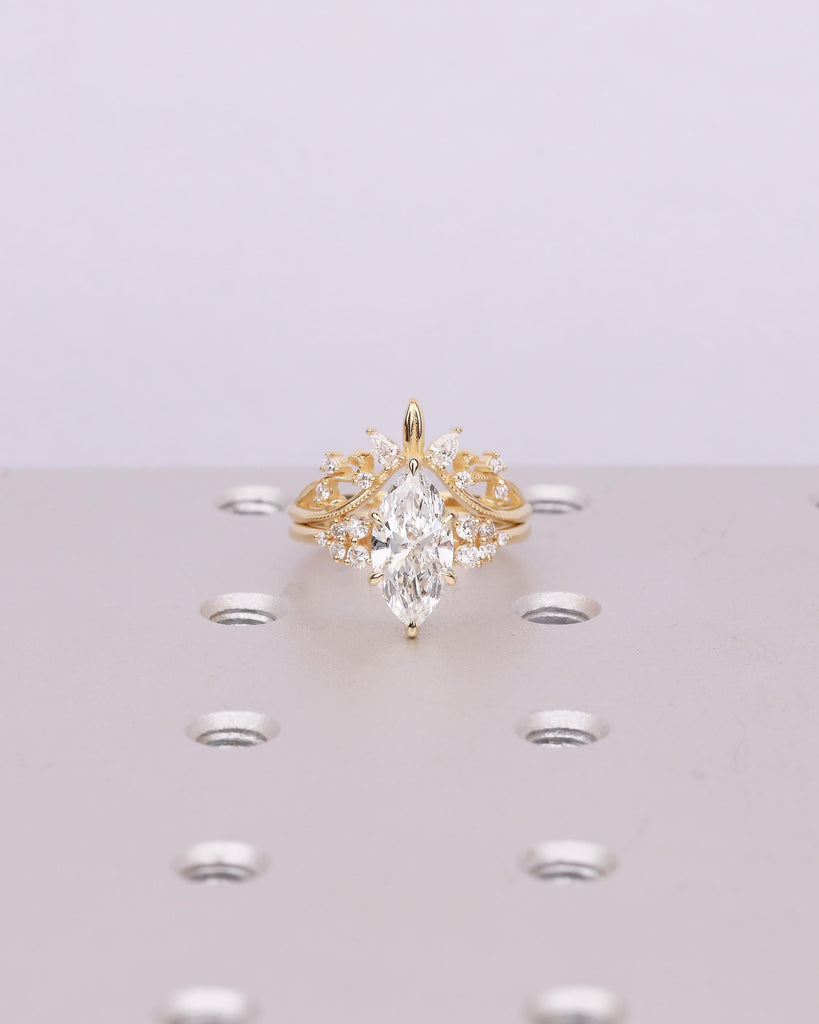 Marquise Cut Moissanite Wedding Ring Set, 18k Yellow Gold Natural Diamond Cluster Ring, Vintage Nature Inspired Statement Rings for Women image #1