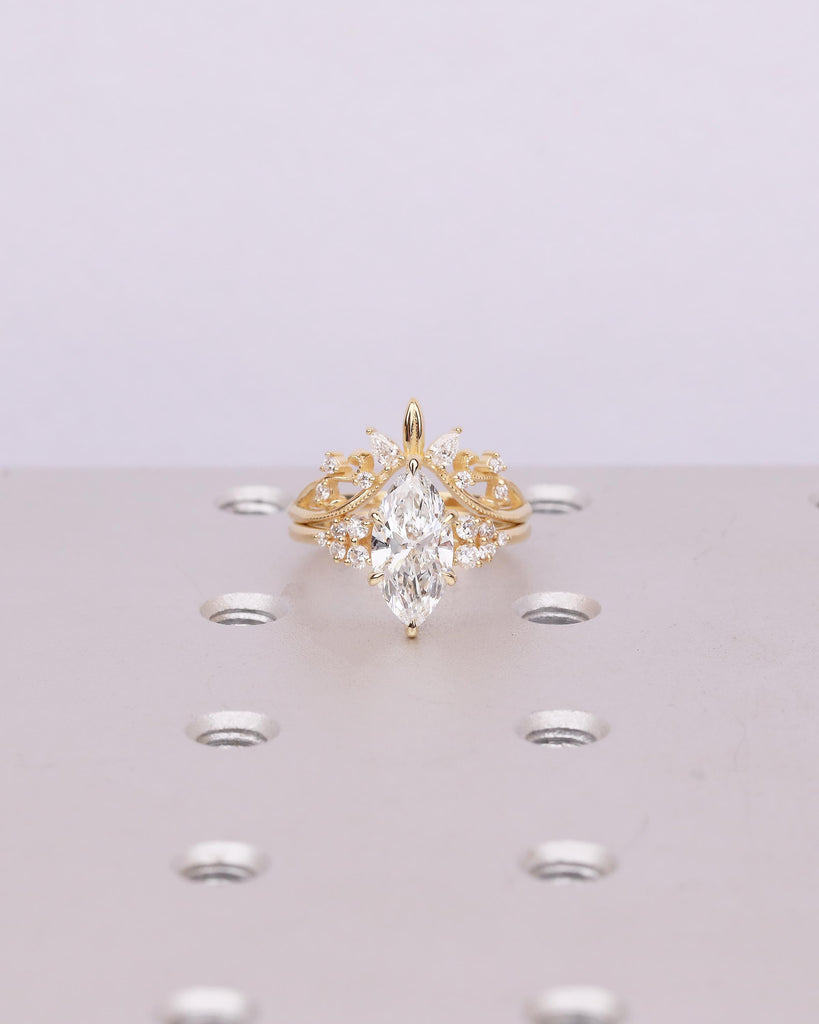 Art Deco Moissanite Marquise Ring, 18k Solid Gold Engagement Ring, Bridal Jewelry Set image #2