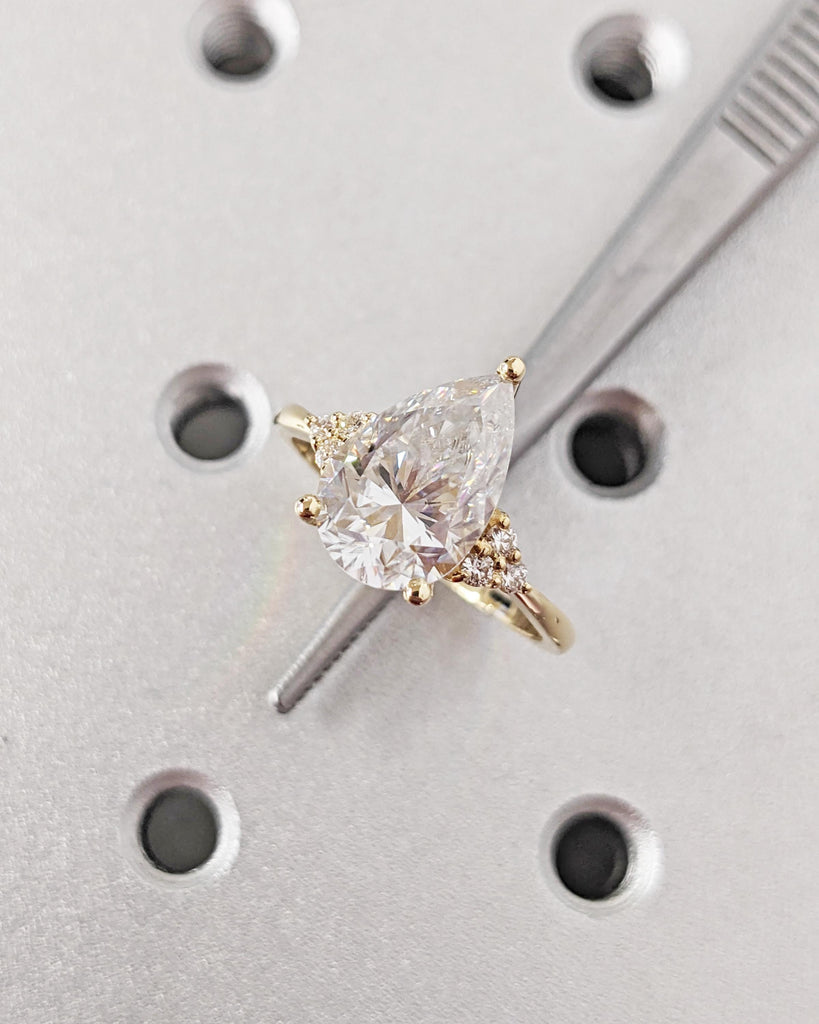 0.5-3ct Pear Shaped Moissanite Engagement Ring, Vintage Cluster Wedding Ring, 14K/18K Solid Yellow Gold image #6