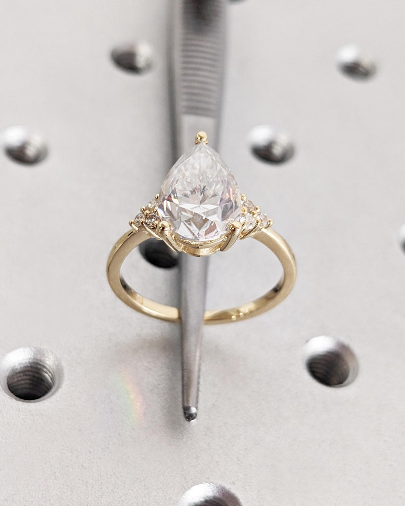 0.5-3ct Pear Shaped Moissanite Engagement Ring, Vintage Cluster Wedding Ring, 14K/18K Solid Yellow Gold image #5