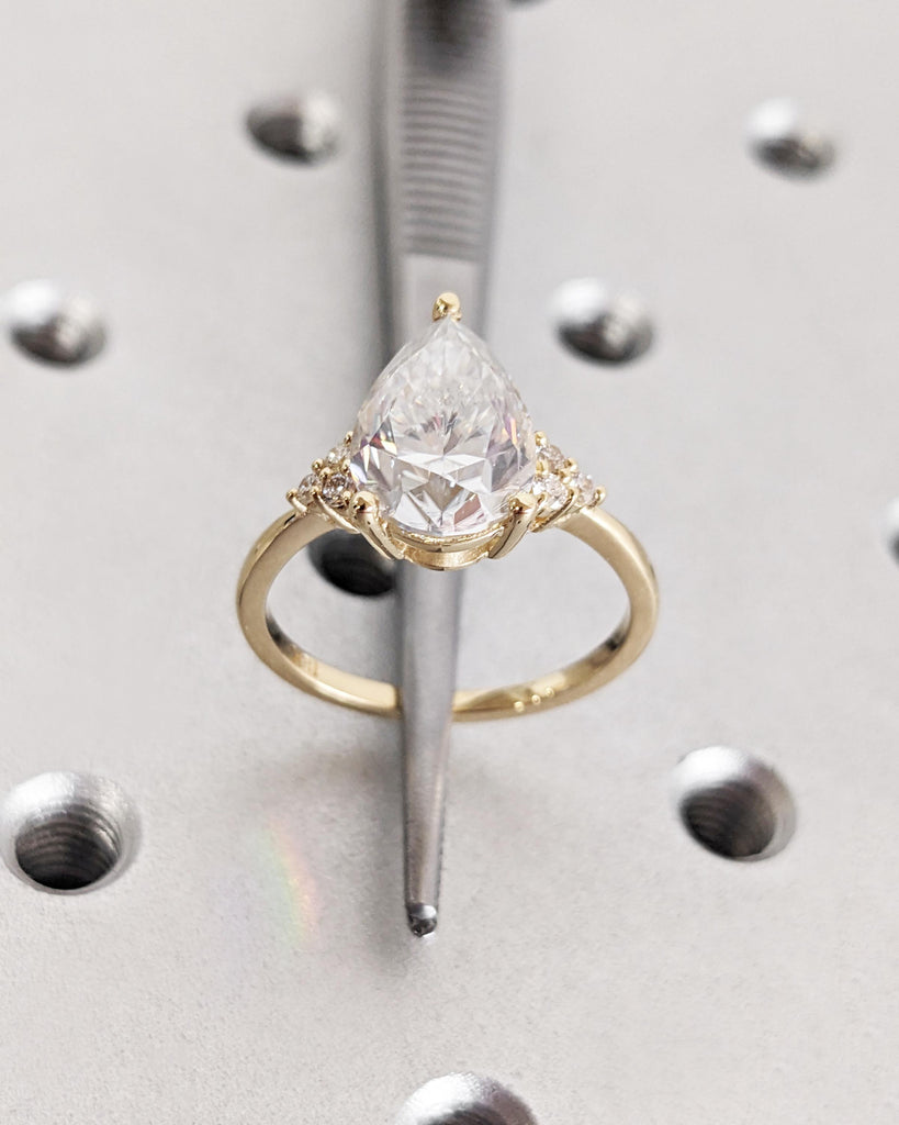 Pear Shaped Moissanite Engagement Ring, 18k Yellow Gold Cluster Ring, 1.6mm Dainty Band, Unique Women's Wedding Ring, Promise Ring for Her image #7