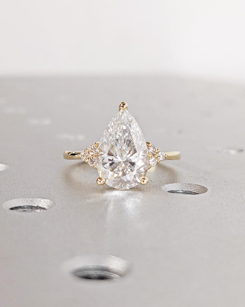 0.5-3ct Pear Shaped Moissanite Engagement Ring, Vintage Cluster Wedding Ring, 14K/18K Solid Yellow Gold image #2
