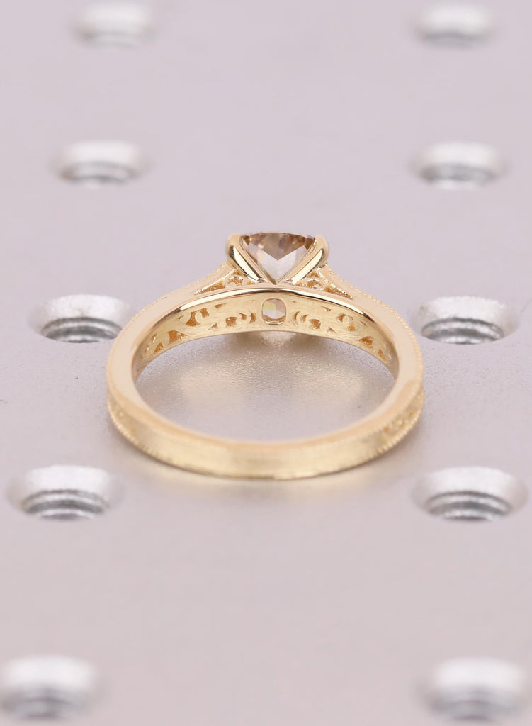 Champagne Lab Grown Diamond Engagement Ring, Cushion Cut Vintage Filigree Ring, Lab Diamond Promise Ring, Yellow Gold Anniversary Gift image #5