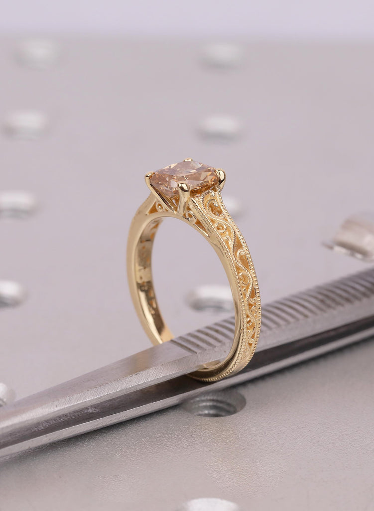 Champagne Lab Grown Diamond Engagement Ring, Cushion Cut Vintage Filigree Ring, Lab Diamond Promise Ring, Yellow Gold Anniversary Gift image #12