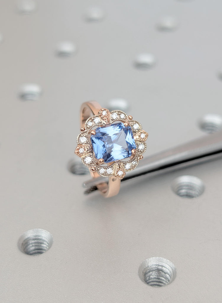 Vintage Art Deco Engagement Ring, Light Blue Ceylon Sapphire, Emerald Cut Sapphire Ring, Milgrain Diamond Halo, Two Tone Heirloom Ring image #1