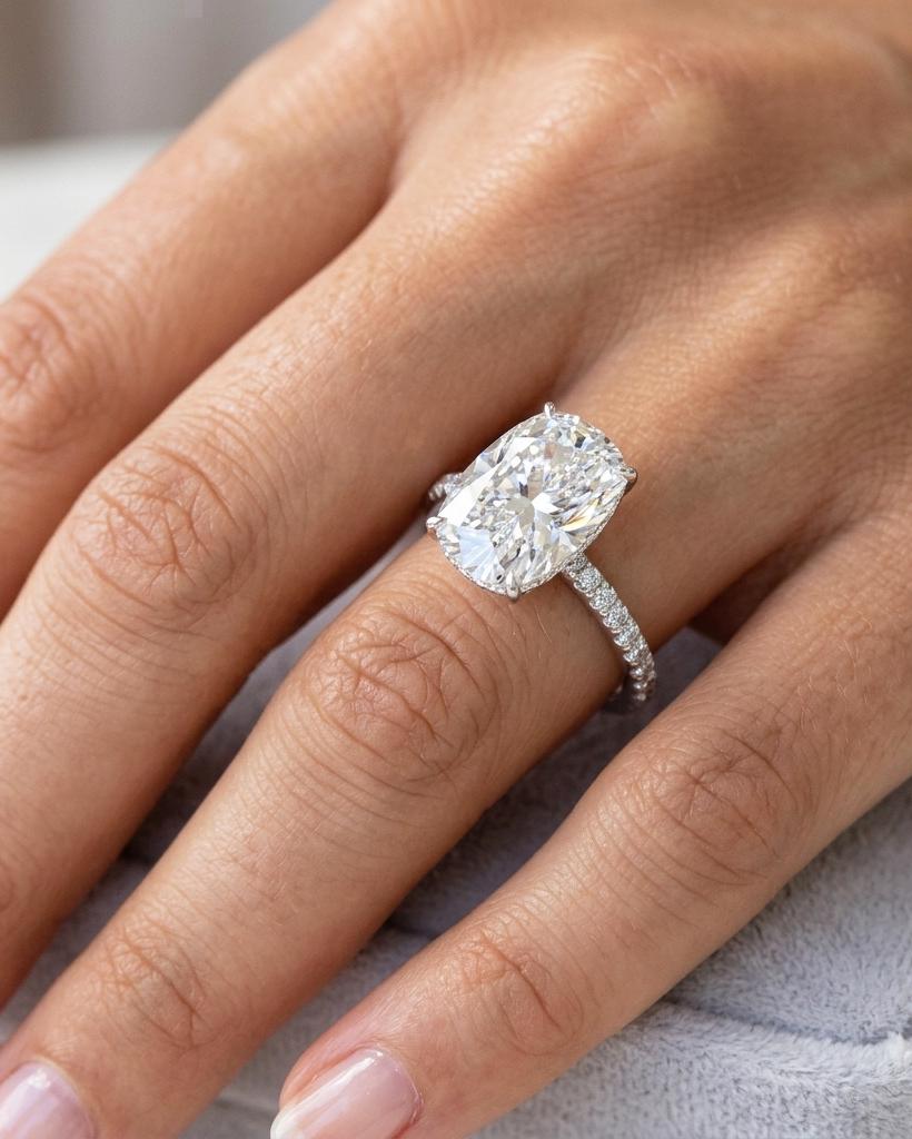 Elongated Cushion Lab Grown Diamond Engagement Ring, 14K White Gold Hidden Halo Diamond Ring, Micropavé Diamond Wedding Ring, IGI Certified image #1