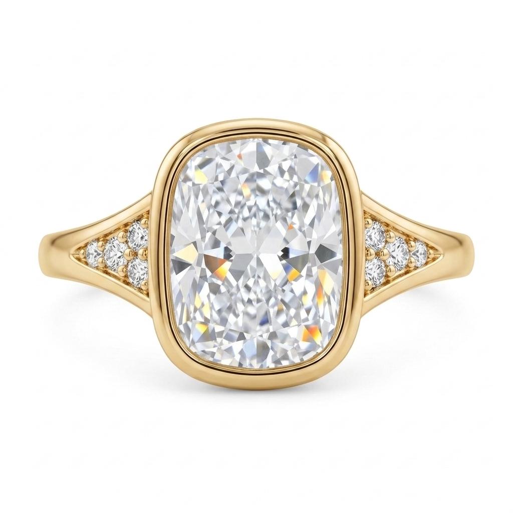 Elongated Cushion Lab Diamond Engagement Ring, 14K Yellow Gold, Bezel Setting Solitaire Style Wedding Ring image #2