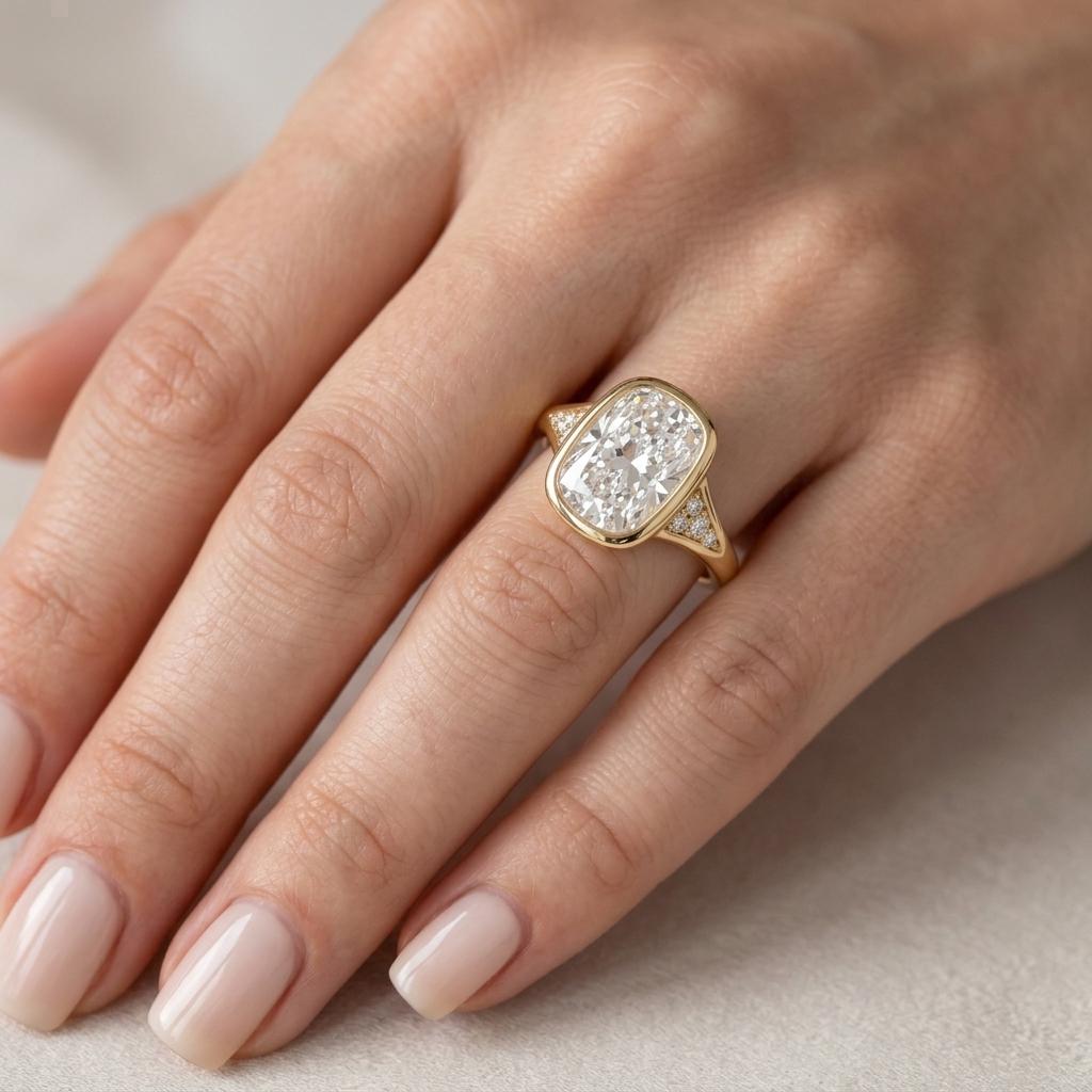 Elongated Cushion Lab Diamond Engagement Ring, 14K Yellow Gold, Bezel Setting Solitaire Style Wedding Ring image #1